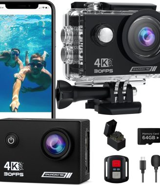 Action Camera 4K30fps with 64G SD Card,HD Waterproof Camera 131ft Underwater Cameras 20MP Pre-recording WiFi Camera 170° Remote Control Sports Cameras with 2 Batteries Helmet Mount Accessories Kits