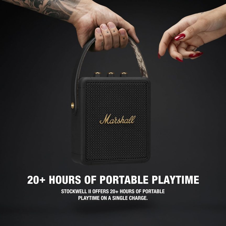 Marshall Stockwell II Portable Bluetooth Speaker, Black and Brass - Image 2
